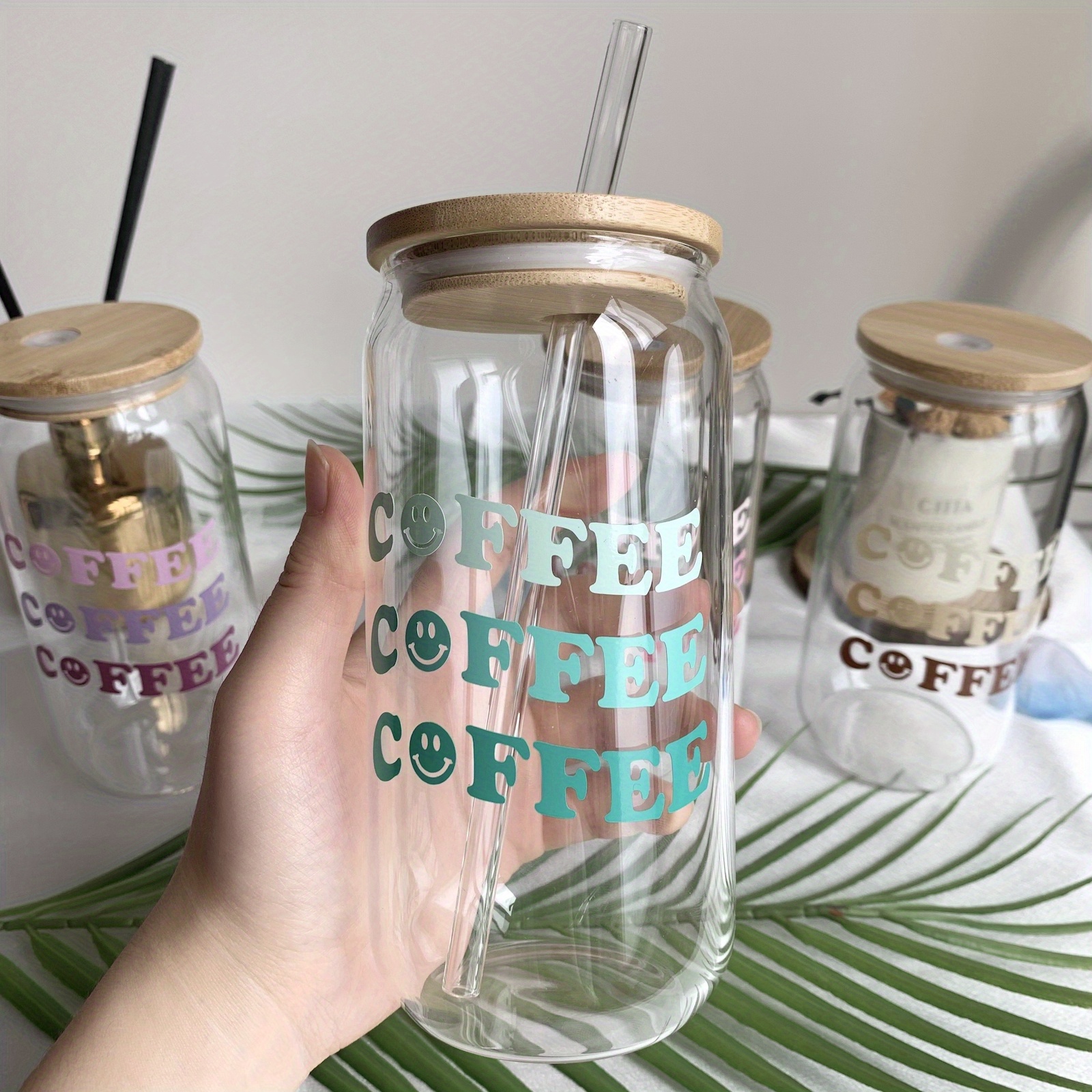 Coffee Glass Can With Bamboo Lid Glass Straw Enjoy Your - Temu