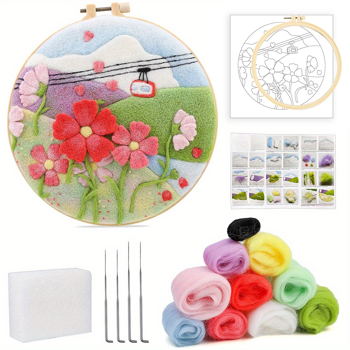 CHENISTORY 20x20cm Felt Painting Flower Picture Handmade Wool Needle Felting  Kits Handmade Decor Home For Adults kids gift