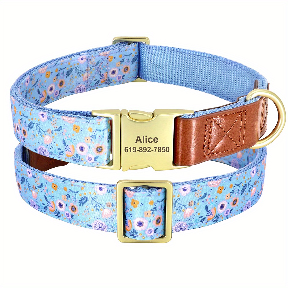 Beirui Custom Flower Girl Dog Collar for Female Dogs- Floral Pattern  Engraved Pet Collars with Personalized Gold Buckle(Daisy, S)