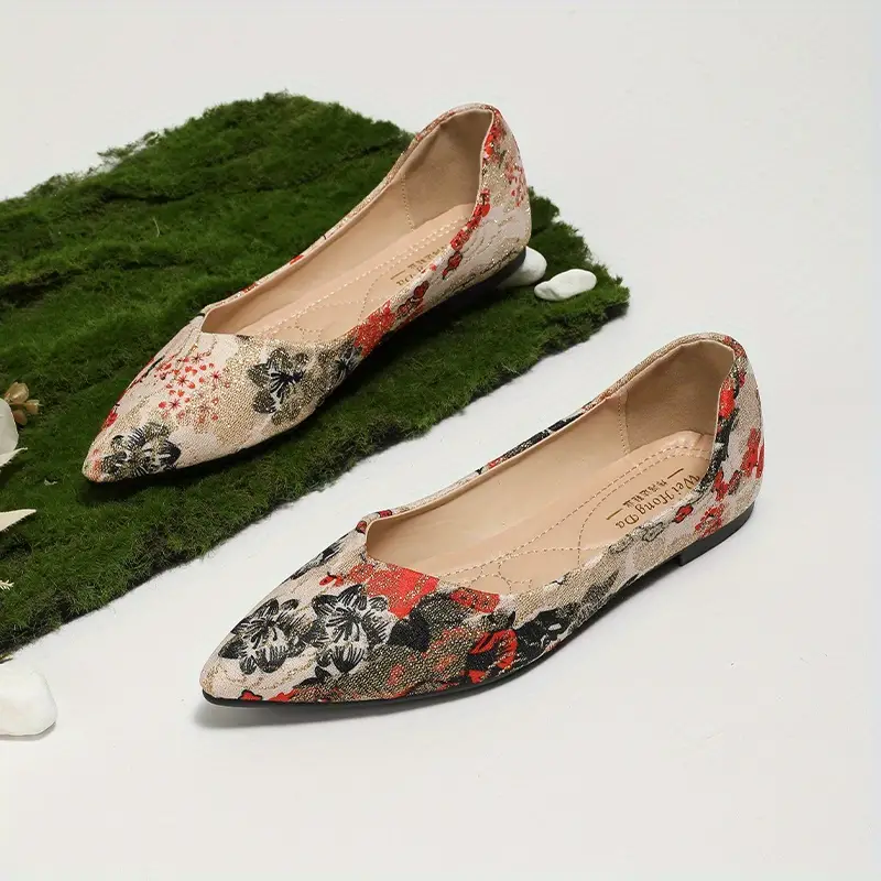 Women's Floral Print Ballet Flats, Fashion Pointed Toe Soft Sole Shoes,  Retro Versatile Dress Flats