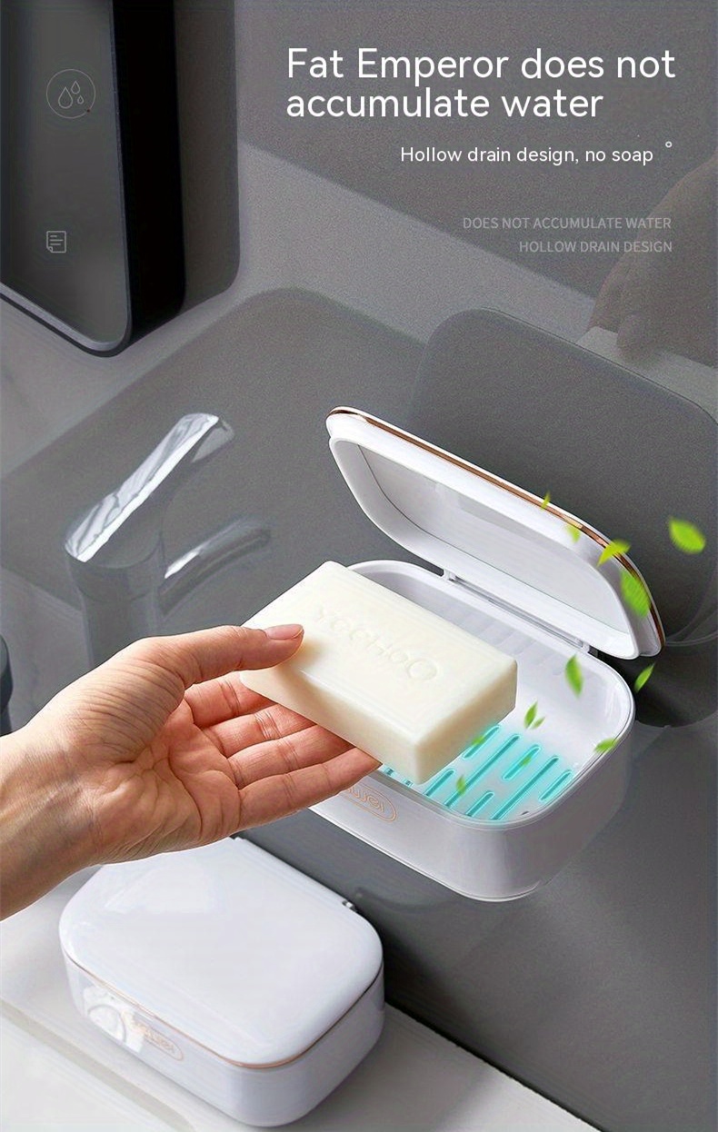 Leakproof Wall-Mounted Soap Dish with Lid - Durable Plastic, Rectangular Bathroom Accessory, Soap Holder, Soap Container, Drip Tray
