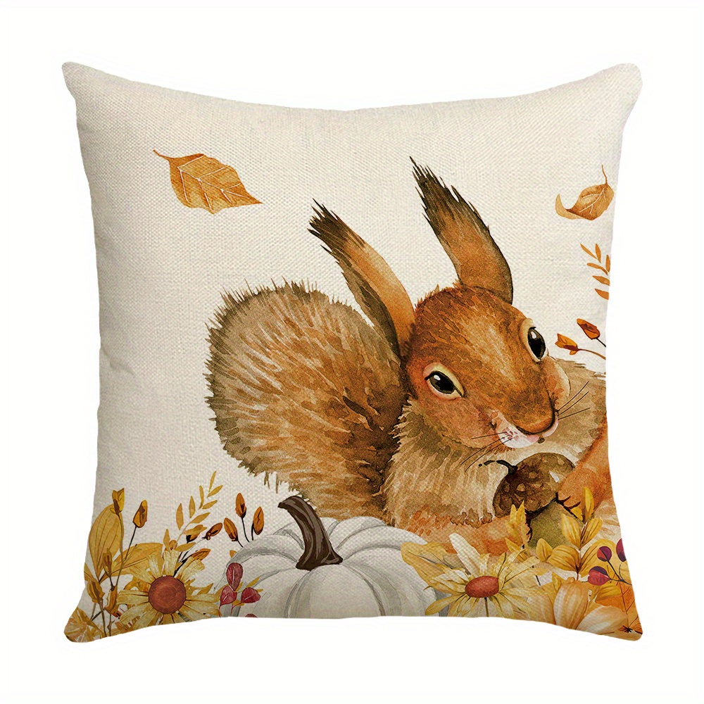 1pc, Fall Hello Pumpkin Happy Harvest Squirrel Throw Pillow Covers, 44.96cm X 44.96cm Autumn Thanksgiving Maple Leaf Floral Decorations For Sofa Couch