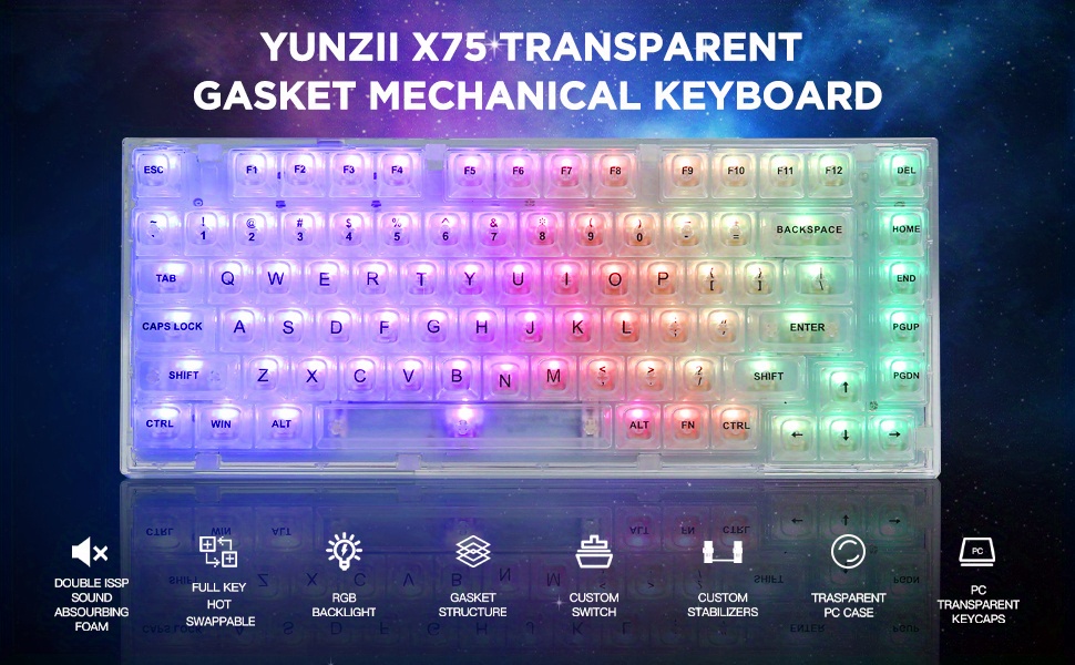 XINMENG X75 82 Key Hot Swappable Mechanical Keyboard with Transparent  Keycaps, Gasket Mount 75 Keyboard, RGB Backlit Custom Gaming Keyboard for  Windows/Mac (Crystal White Switch, Wired-Black) 