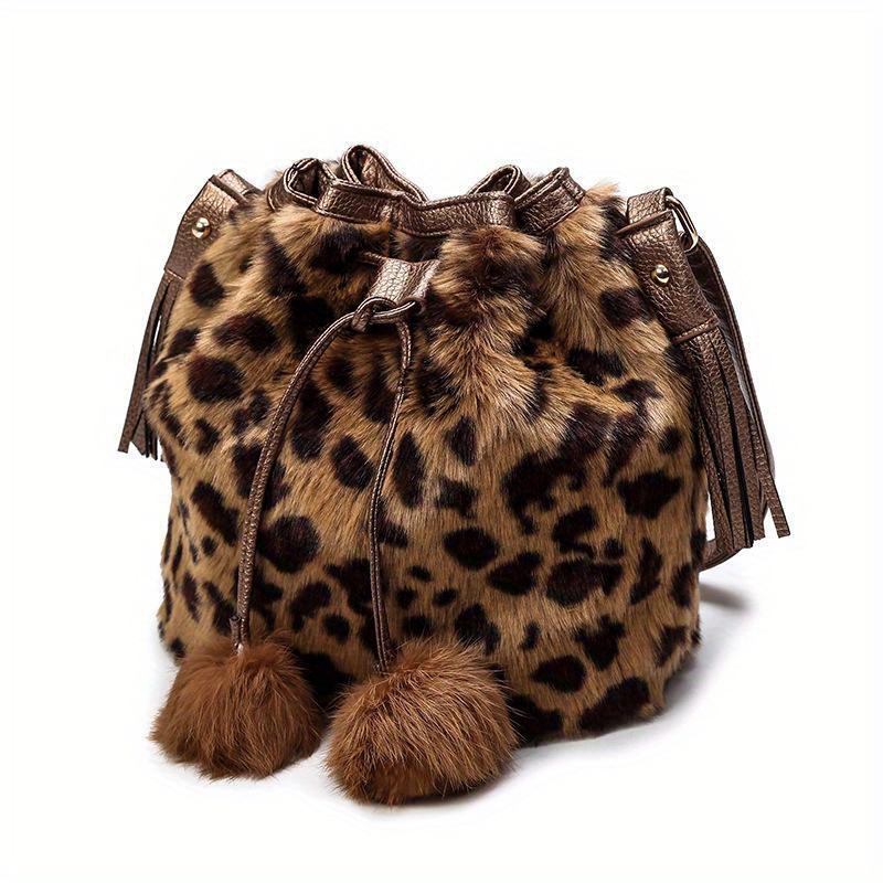 TEMU Plush Leopard Pattern Bucket Bag, Trendy Drawstring Crossbody Bag, Luxury Shoulder Purse For Women