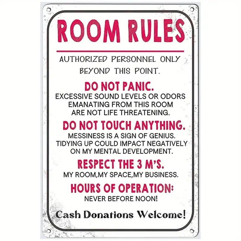 1pc, Funny Room Rules for Teen Girls - Trendy Metal Tin Signs for Teen Boys and Girls - Cool Decor for Man Cave, Garage, and Bar - 8x12 Inches