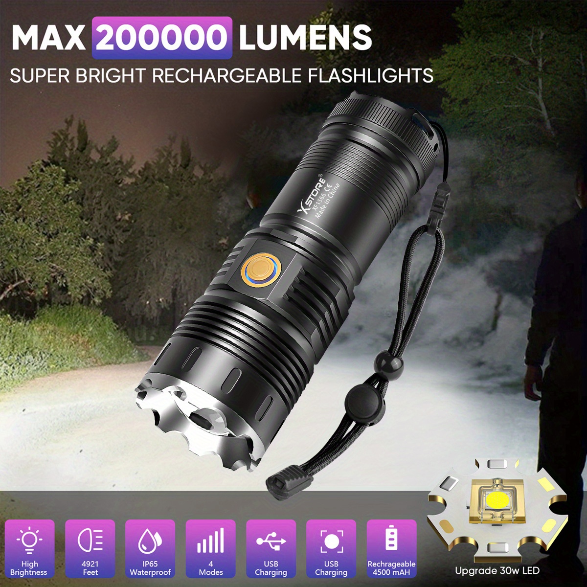 Super Bright Tactical Flashlight 200000 Lumens, Zoomable, Rechargeable,  Waterproof Torch For Camping, Fishing, And Emergencies Includes 4500mah  Battery Temu