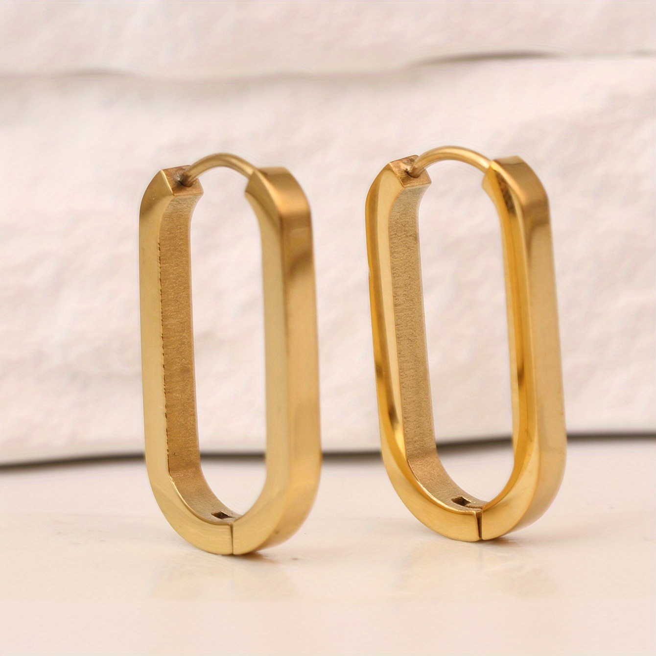 Image of U-shaped Geometric Rectangle Earrings Clasp Men's Women's Micro Zirconia Golden Earrings Stainless Steel Oval Small Hoop Earrings Women's Party Jewelry Gifts