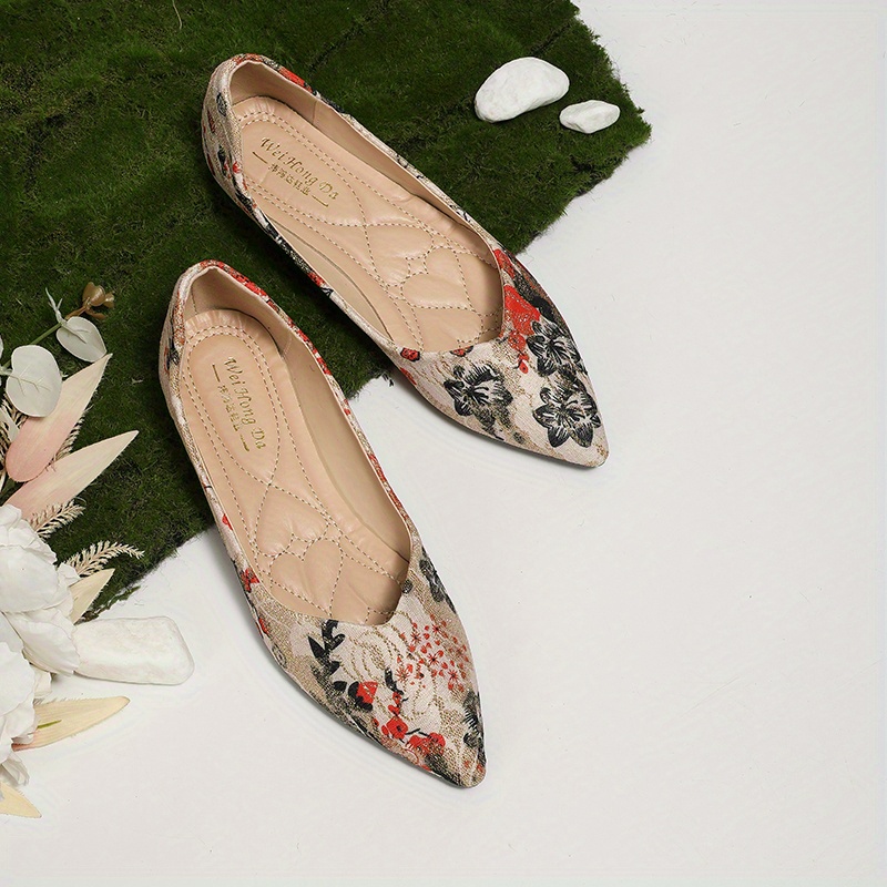 Women's Floral Print Ballet Flats, Fashion Pointed Toe Soft Sole Shoes,  Retro Versatile Dress Flats