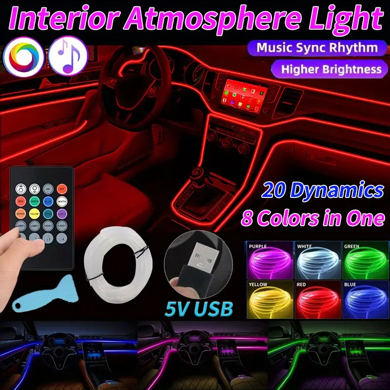 Car Led Strip Ambient Interior Light Optical Fiber Usb Drive - Temu
