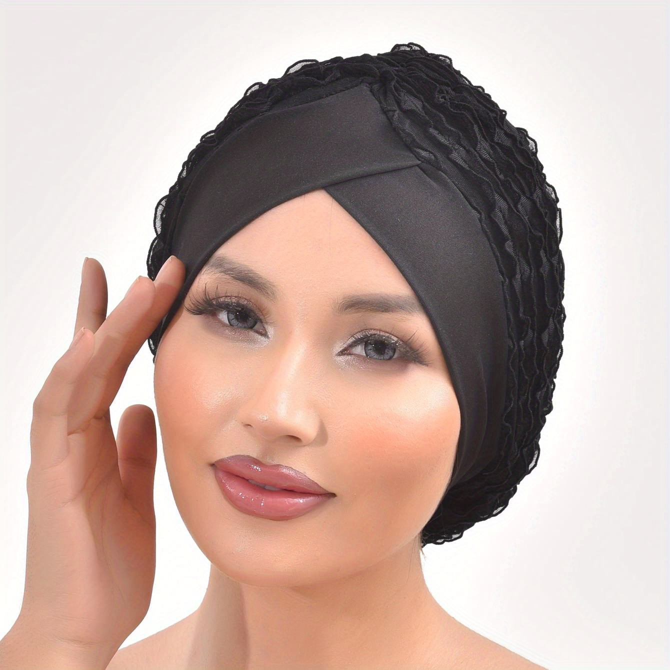 Image of Forehead Cross Lace Turban Cap Elegant Solid Color Head Wraps Classic Elastic Hijab Hats Women Ramadan Beanie Bonnet