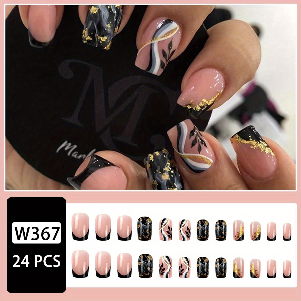 VEDAR Black Marble Press on Nails, Gold Foil Nail Art, Coffin Acrylic Nails  for Women, Black Outlined French Pink Press on Nails, Long Black Press on