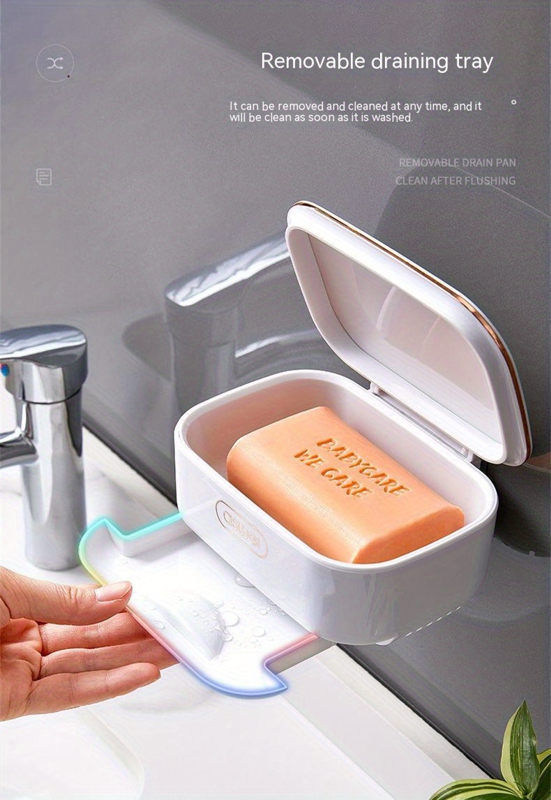Leakproof Wall-Mounted Soap Dish with Lid - Durable Plastic, Rectangular Bathroom Accessory, Soap Holder, Soap Container, Drip Tray