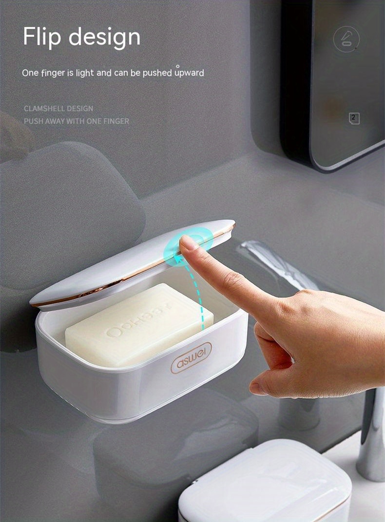 Leakproof Wall-Mounted Soap Dish with Lid - Durable Plastic, Rectangular Bathroom Accessory, Soap Holder, Soap Container, Drip Tray