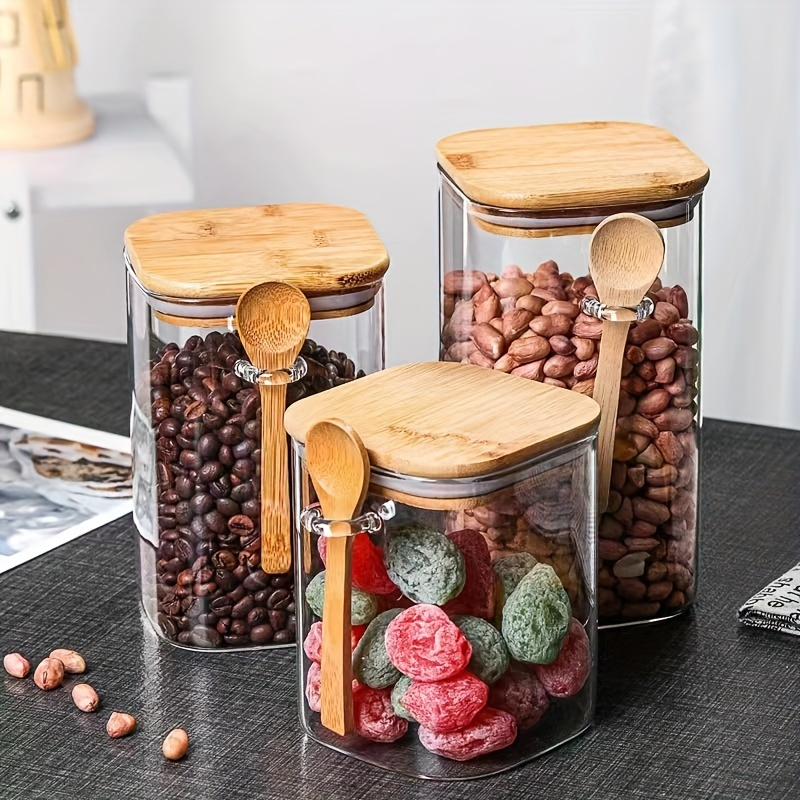 4Pcs Acacia Wood Cover Seasoning Jar Square Transparent Glass Bottles  Kitchen Storage Salt Spice Restaurant Sealing