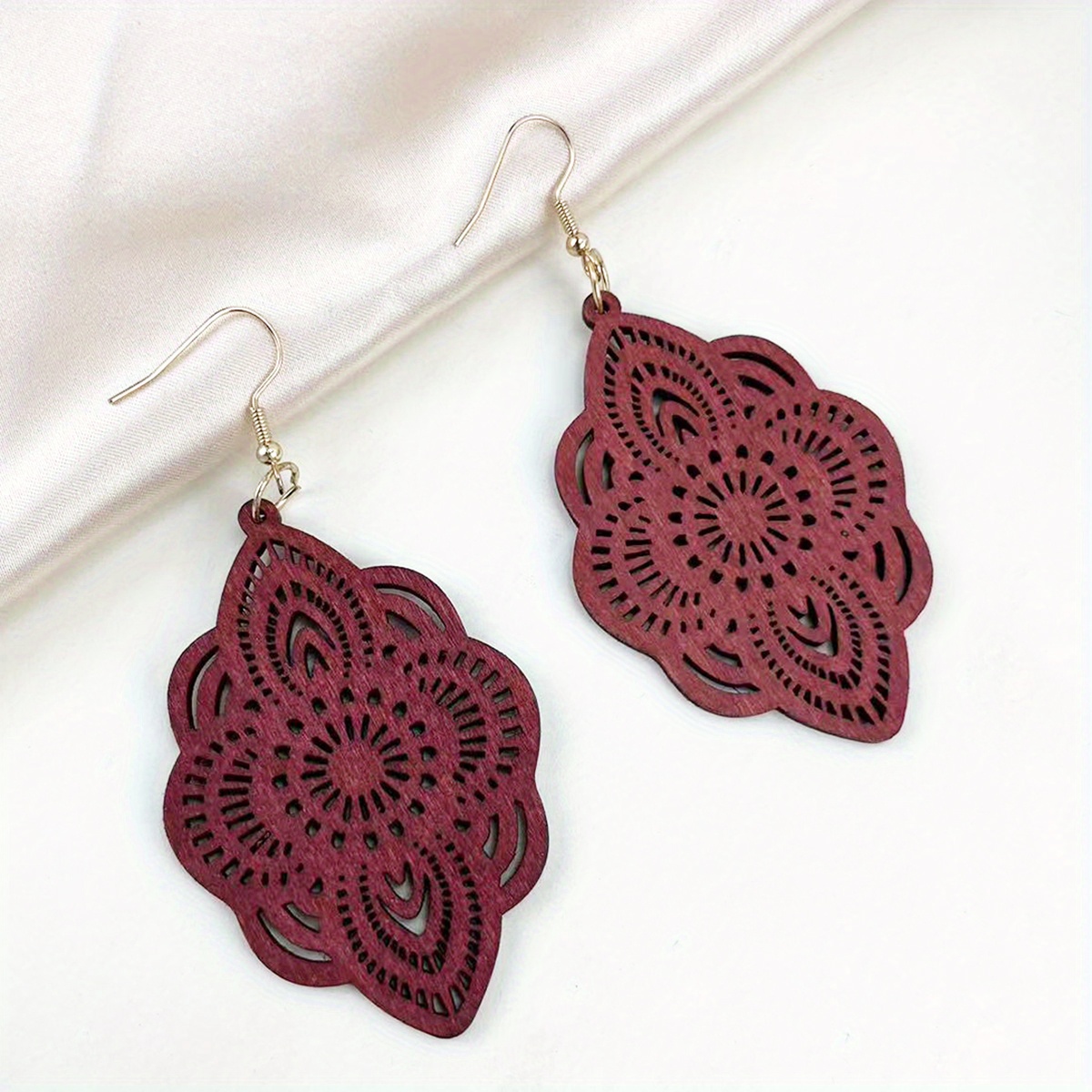 Image of 1 Pair Vintage-inspired Wooden Lace Drop Earrings - Maroon With Alloy Hooks, Perfect For Daily Wear & Vacation