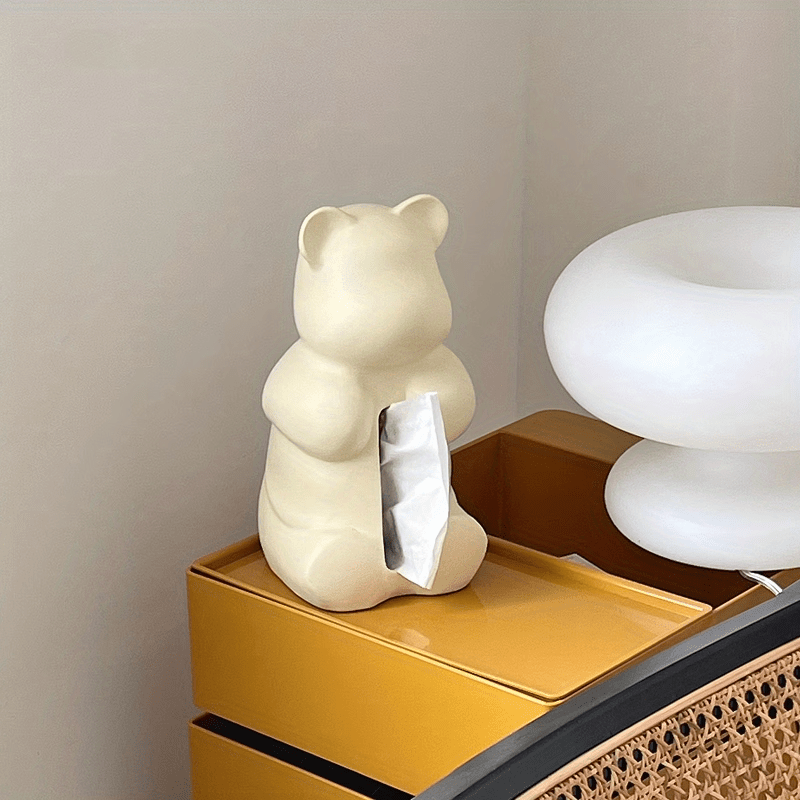 Simple Ceramic Draw Paper Box Hug Bear Decoration, Cream Style