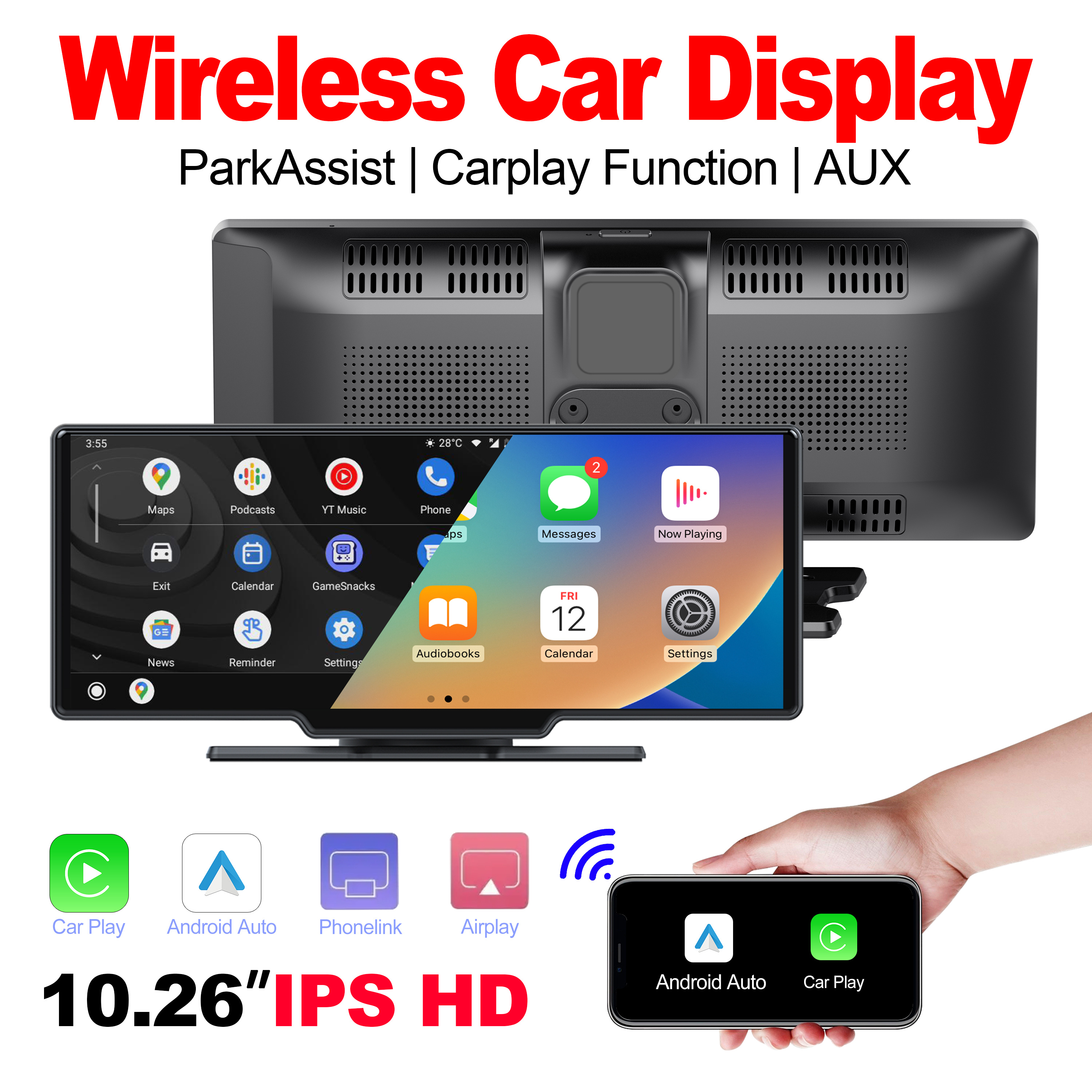 Wireless Hd Ips Touch Screen Car Display With Car Play - Temu