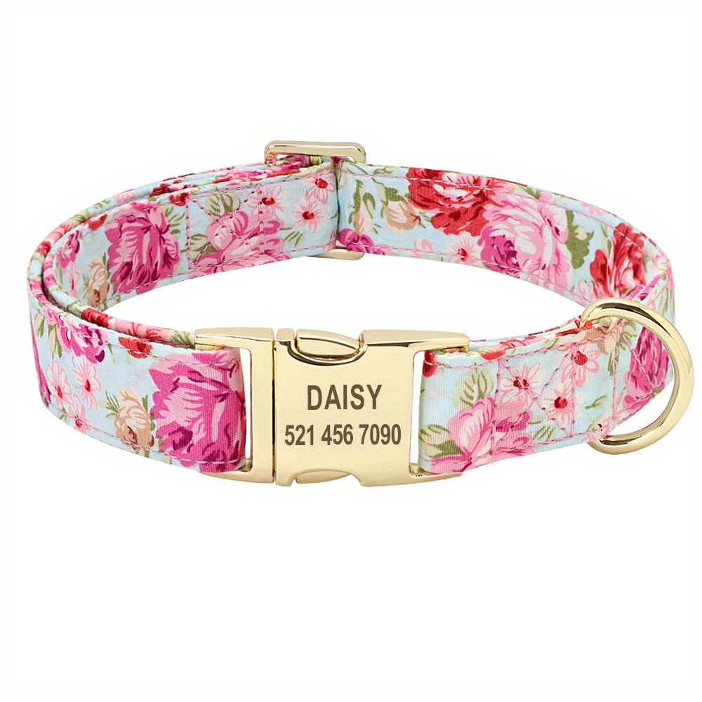 TEMU Customizable Floral Dog Collar With Golden - Adjustable, Soft Padded Nylon Collar For Medium To Large Dogs, Personalized Name Tag, Blue & Pink Floral Patterns, Dog Collar For Medium Dog
