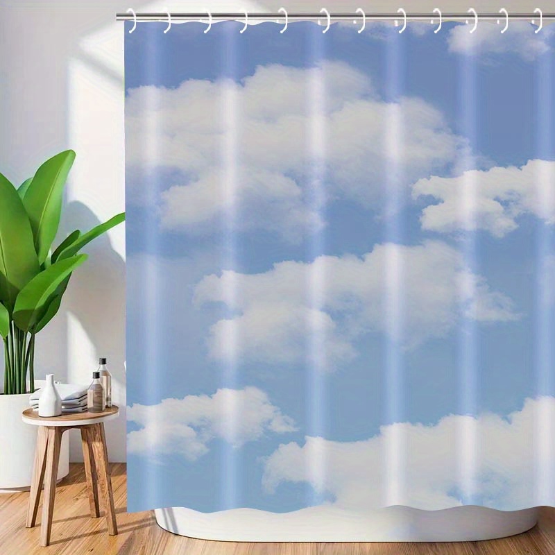 1pc Blue Sky Shower Curtain With 12 Hooks, White Cloud Decorative Curtains,  Fabric Waterproof Shower Curtains For Bathroom And Windows, 72Wx72H, Bat