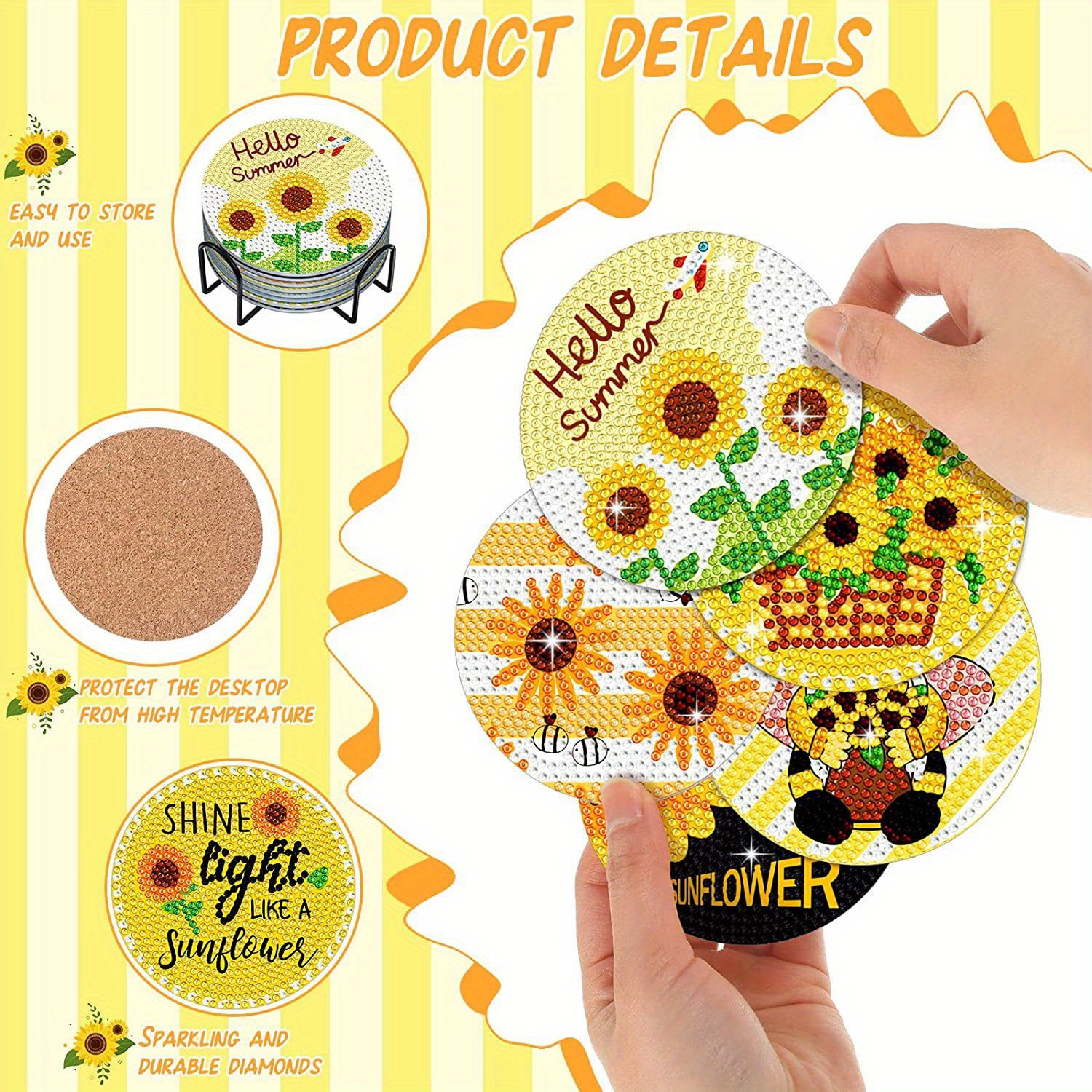 Sunflower Diamond Painting Coasters Kits With Holder Diy - Temu