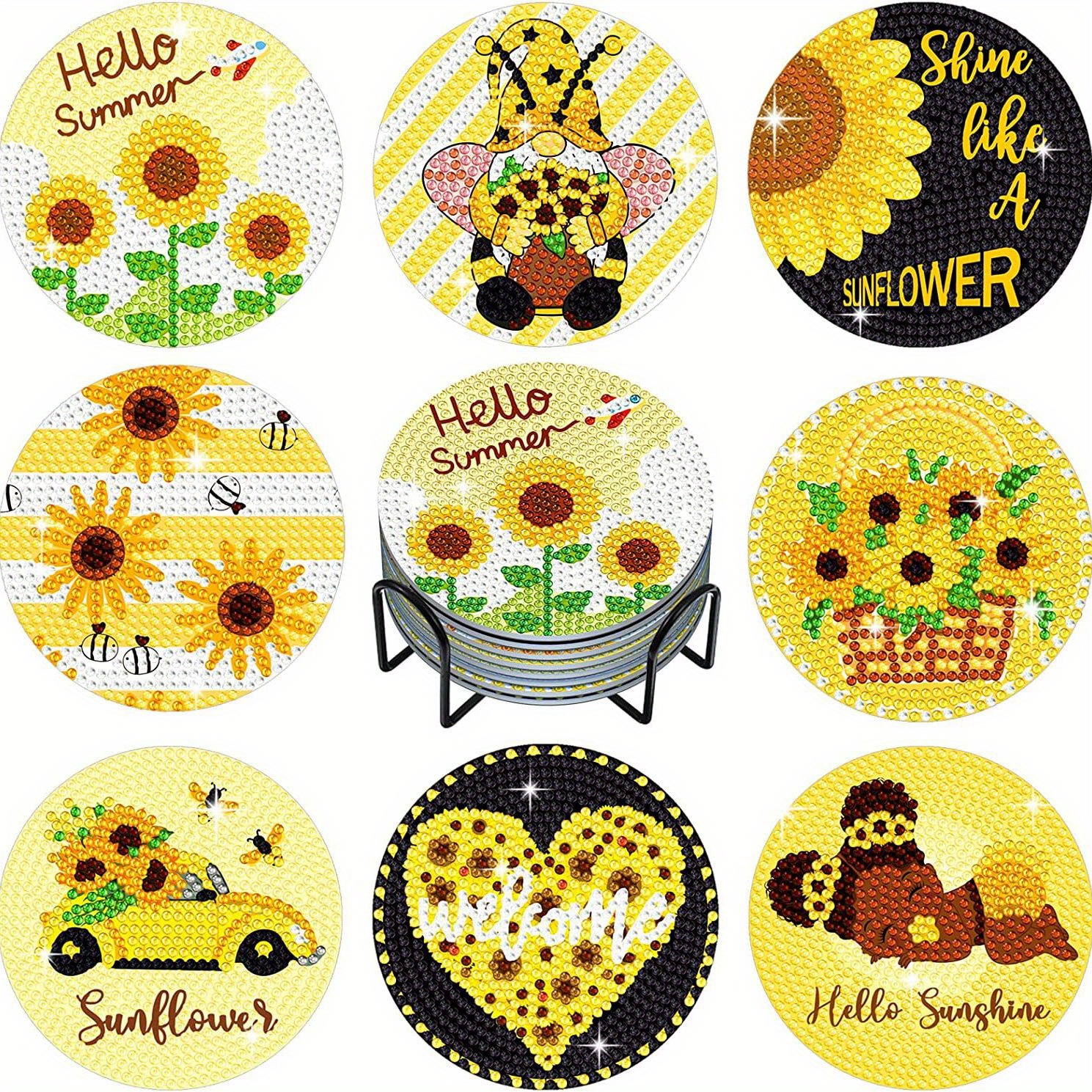 8pcs Round Sunflower Diamond Painting Coaster Set Handmade Diy Diamond Art  Coasters With Holder For Beginners
