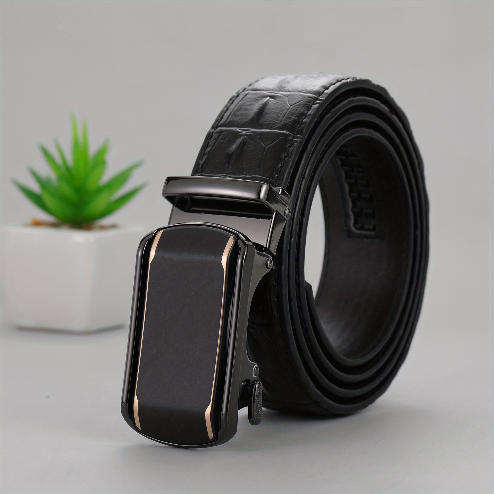 A Black Symmetrical Buckle Belt, Simple Faux Leather Chinese