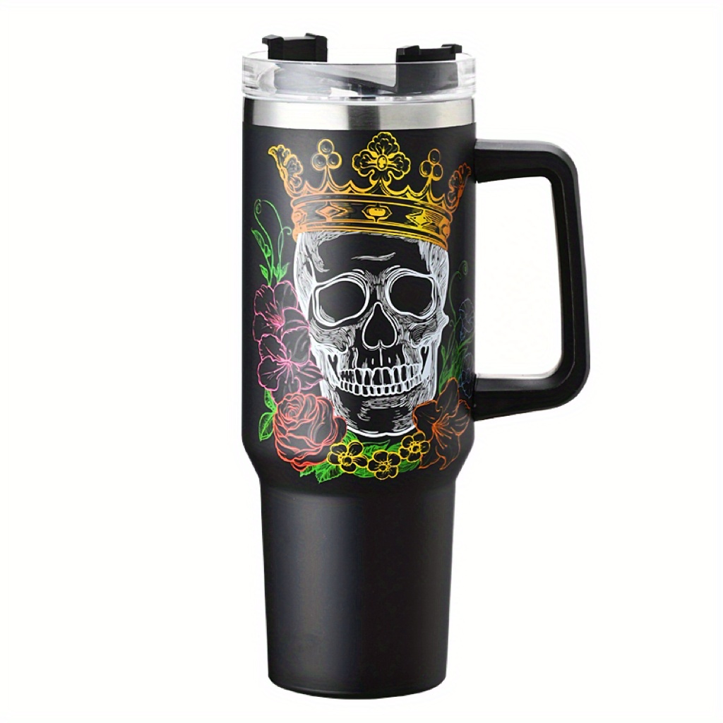 Skull Pattern Tumbler With Lid And Straw 304 Stainless Steel - Temu