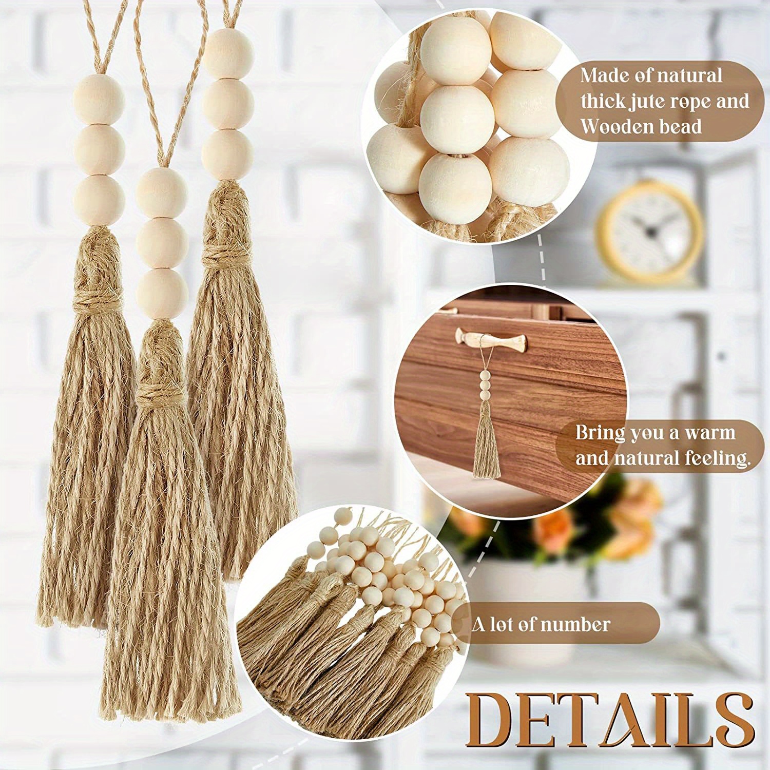 10pcs natural jute rope tassels with 3 wooden beads   diy crafts christmas tree decorations wedding party garlands details 2