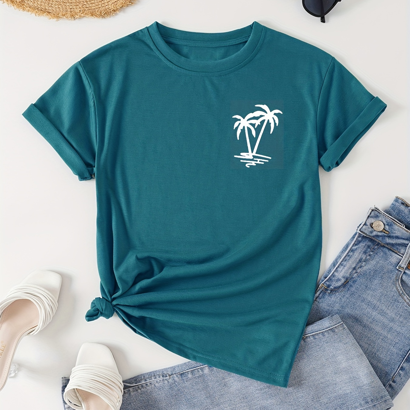 

Coconut Tree Print Crew Neck T-shirt, Casual Short Sleeve T-shirt For Spring & Summer, Women's Clothing