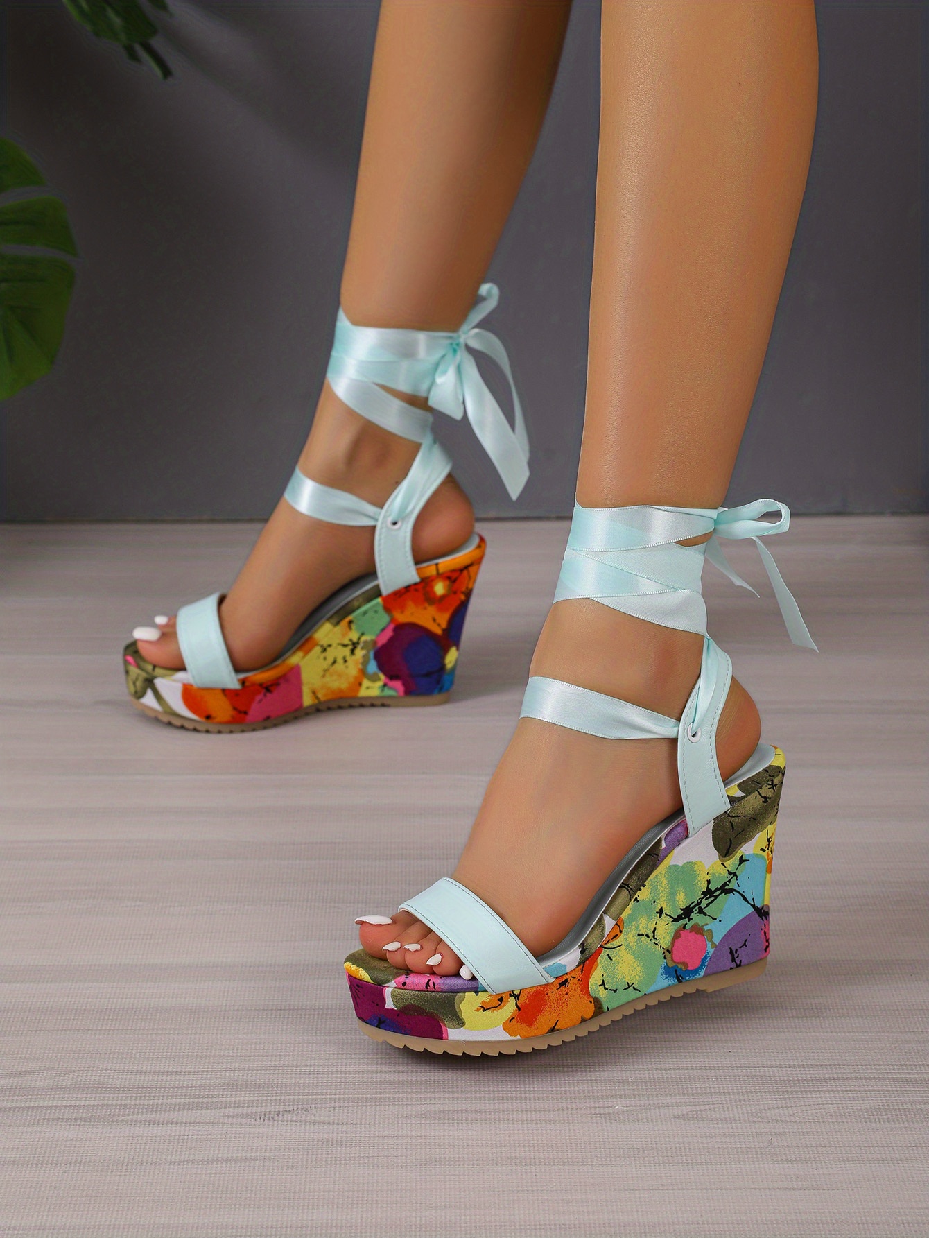 Women's Floral Pattern Wedge Sandals, Open Toe Platform Ankle Strap  Sandals, Women's Footwear