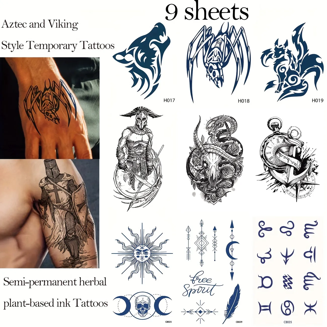 9 Hojas De Tatuajes Temporales Semipermanentes De Estilo Azteca Y Vikingo Que Duran De 1 A