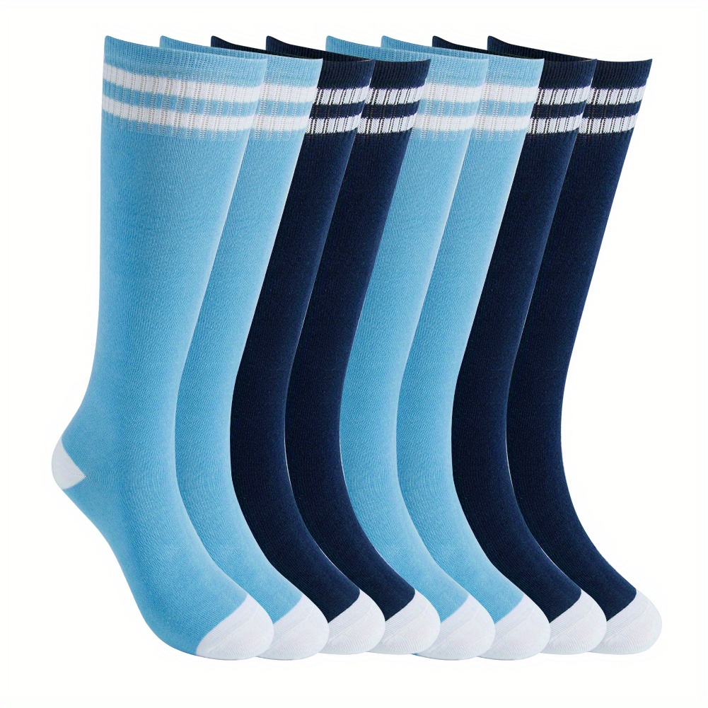 Image of 4pairs 86% Boys Fashion Striped Knee High Socks, Trendy Breathable Comfortable Socks For Children Kids