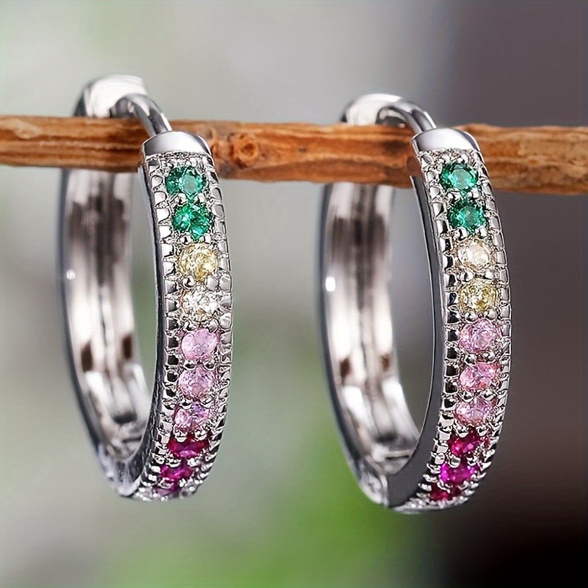 Of Hoop Hip-hop Copper-plated Colorful Synthetic Zirconia Earrings With Round Studs For Trendy Date Gift
