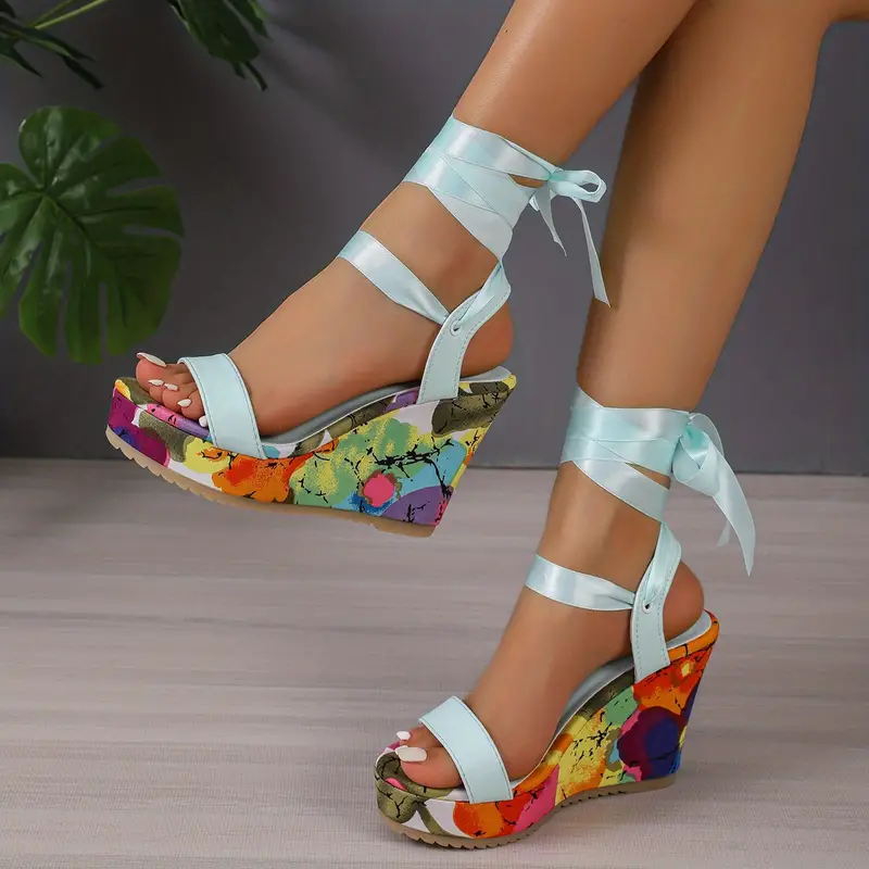 Women's Floral Pattern Wedge Sandals, Lace Design Wedge Sandals, Fashion &  Vacation Summer Shoes