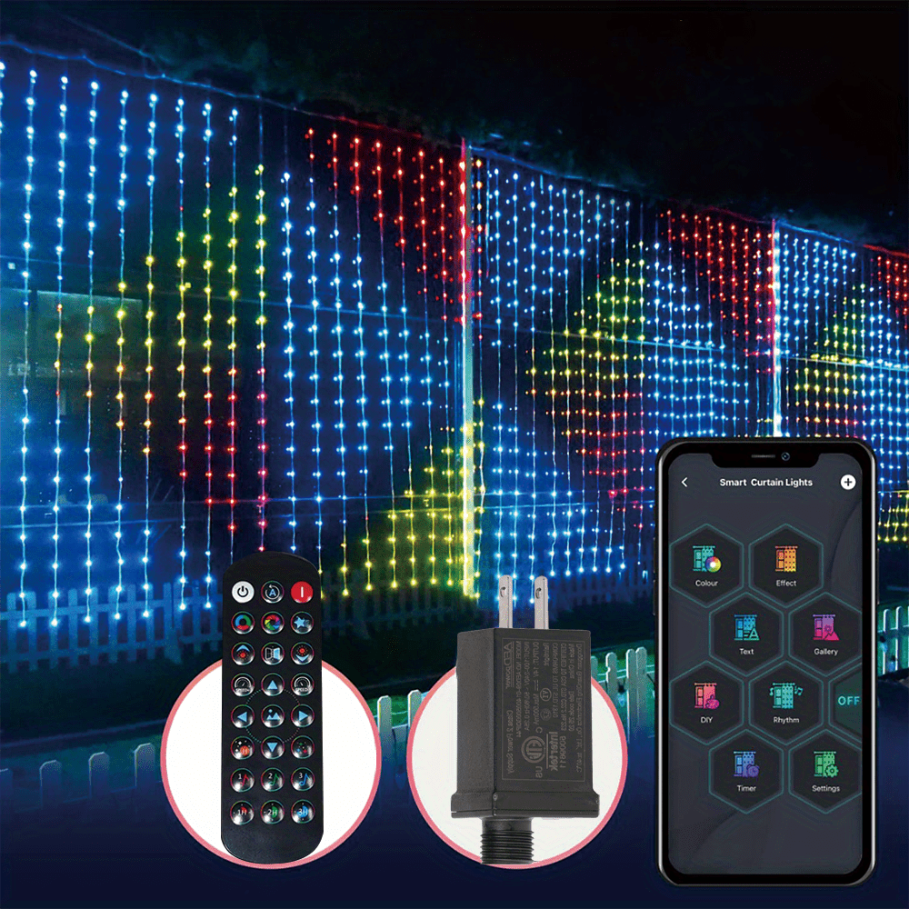 us standard adaptor 1set 400 led curtain string lights with app control rgb color displays limitless color pure warm white lighting indoor outdoor decorations fairy lights with 100 holiday pattern smart curtain lights with 400 leds diy text music sync programmable app control connectable rgb fairy string lights for bedroom indoor decor details 2