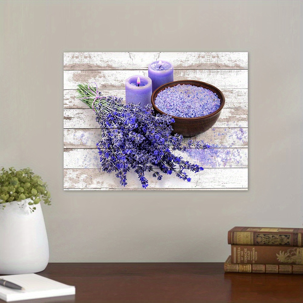 Cuadros de pared en lienzo para baño, cocina, dormitorio, flores de lavanda  moradas sobre textura de madera rústica vintage, obras de arte modernas