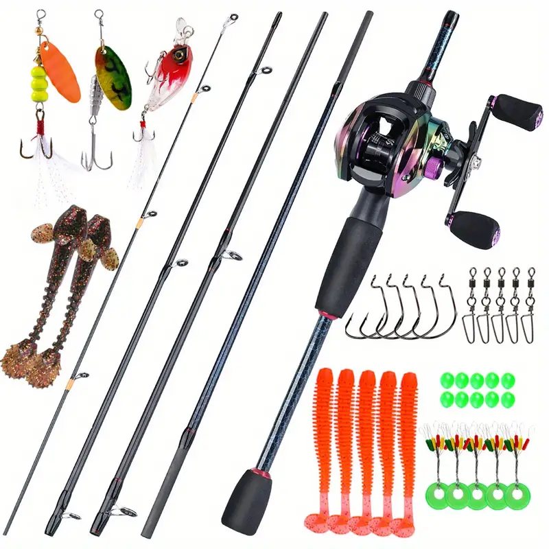 Cheap Sougayilang 3 Color Portable 5 Section Carbon Fishing Rod and 12+1BB  BaitCasting Reel and Fishing Line Lure