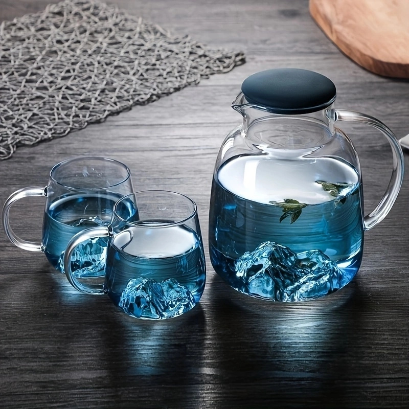 Gradient Blue Glass Water Pitcher With 3d Mountain Bottom And