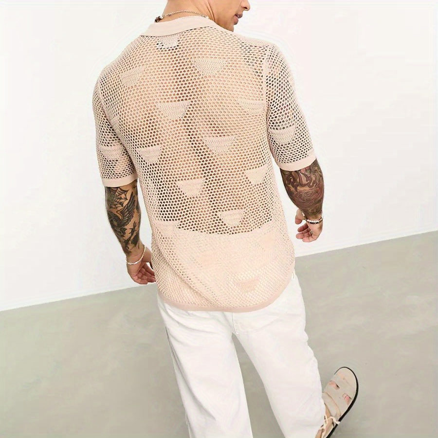 Men Casual Loose Long Sleeve Hollow Mesh See Through T-shirt