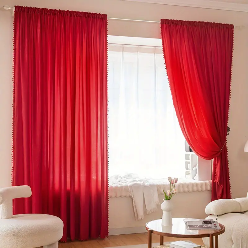 Velvet Red Curtain Pom Poms Rod