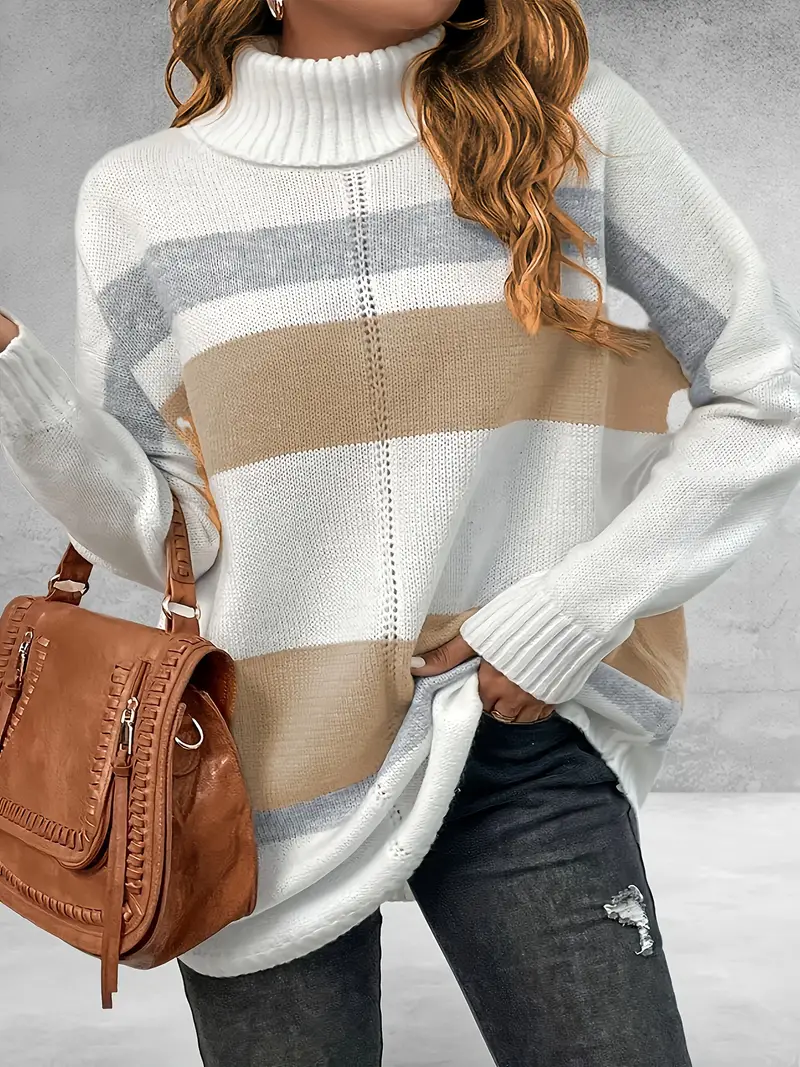 plus size casual sweater womens plus colorblock long sleeve turtle neck slight stretch sweater details 0