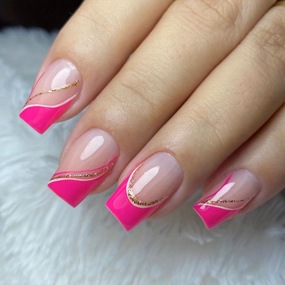 Image of 24pcs Pink Short Square Nails French Edge Golden Design Pressed On Suitable For Women And S