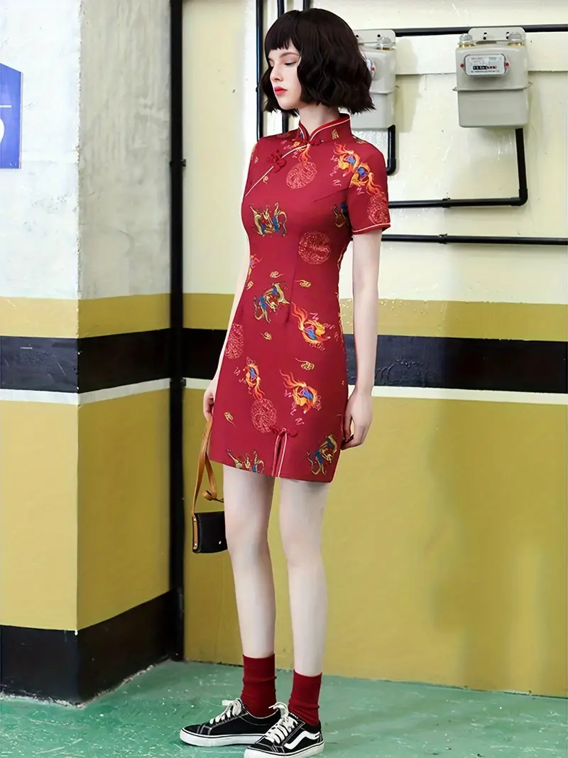 Graphic Print Cheongsam Dress Vintage Elegant Short Sleeve - Temu