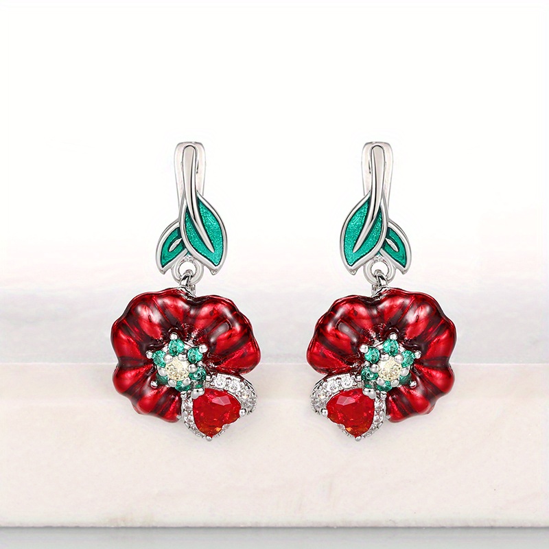 E-shop Elegante rote Blumen-Email-Hängeohrringe für Frauen - Herz Zirkonia, romantische silberne Ohrringe mit grünen Blättern, für Hochzeits- und