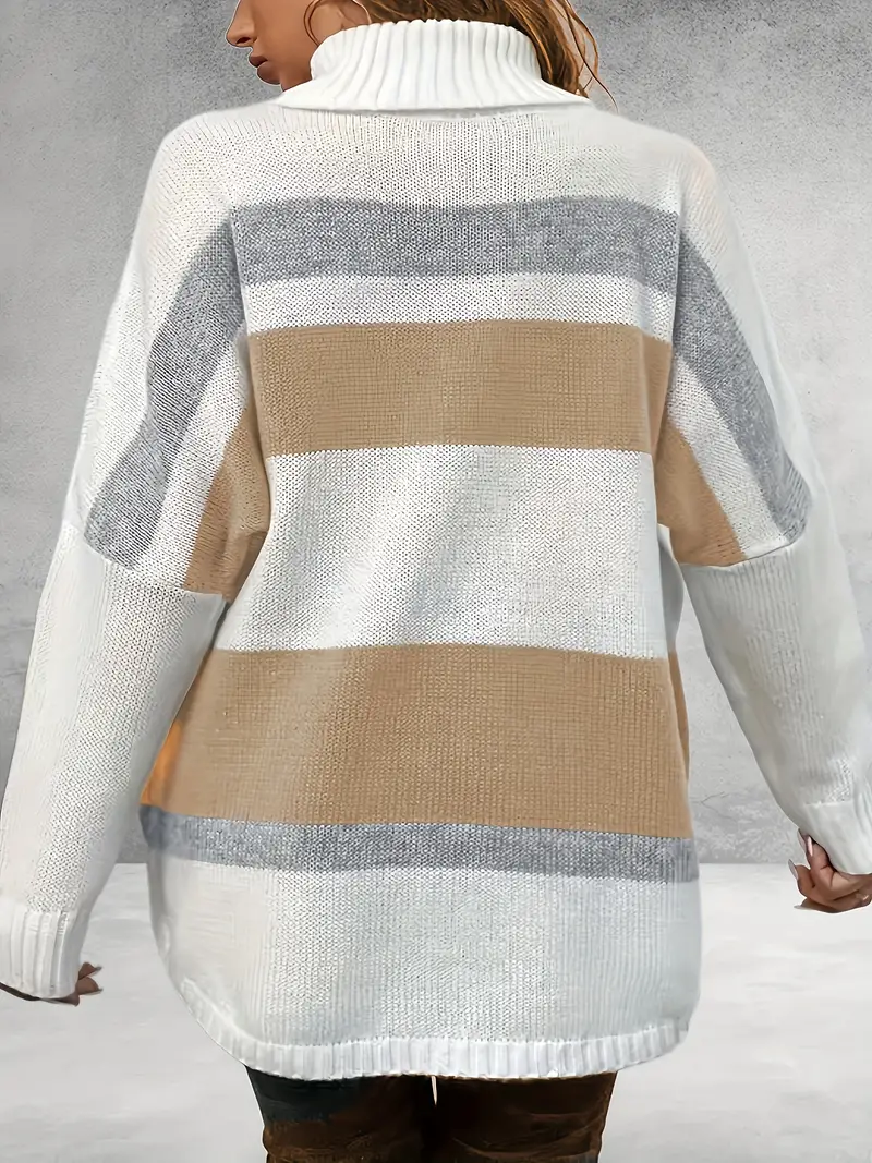 plus size casual sweater womens plus colorblock long sleeve turtle neck slight stretch sweater details 2