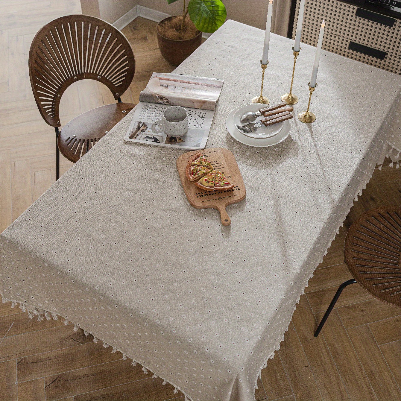 Solid Color Linen Farmhouse Style Tablecloth Beige Fringed - Temu