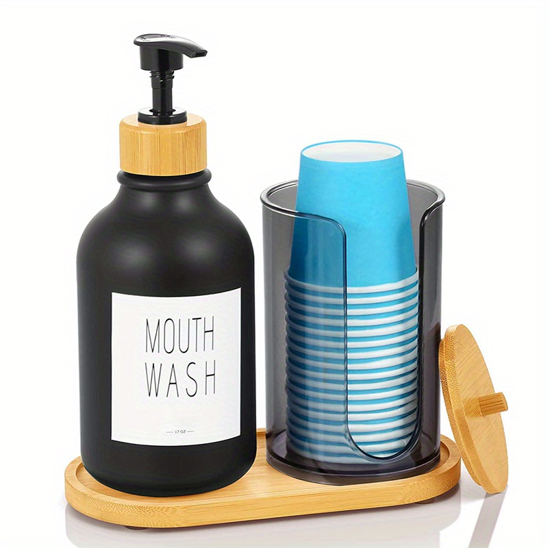 Dispensador de enjuague bucal para baño con portavasos, contenedor de  vidrio desmontable para enjuague bucal de 16 onzas, dispensador recargable  de