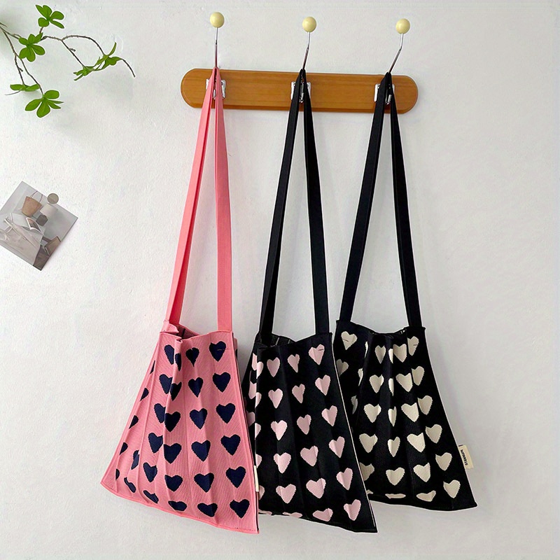 1pc Large Capacity Fashionable Crochet Tote Bag With Heart Pattern