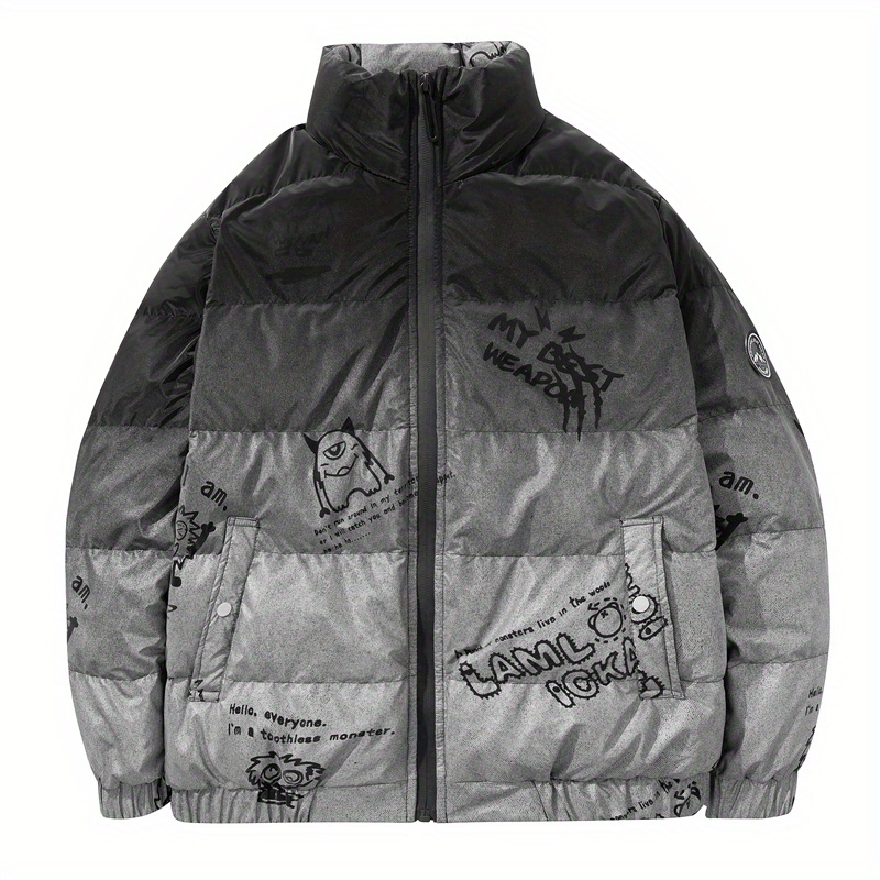 Chic Warm Pu Puffer Jacket Men's Casual Graffiti Graphic - Temu