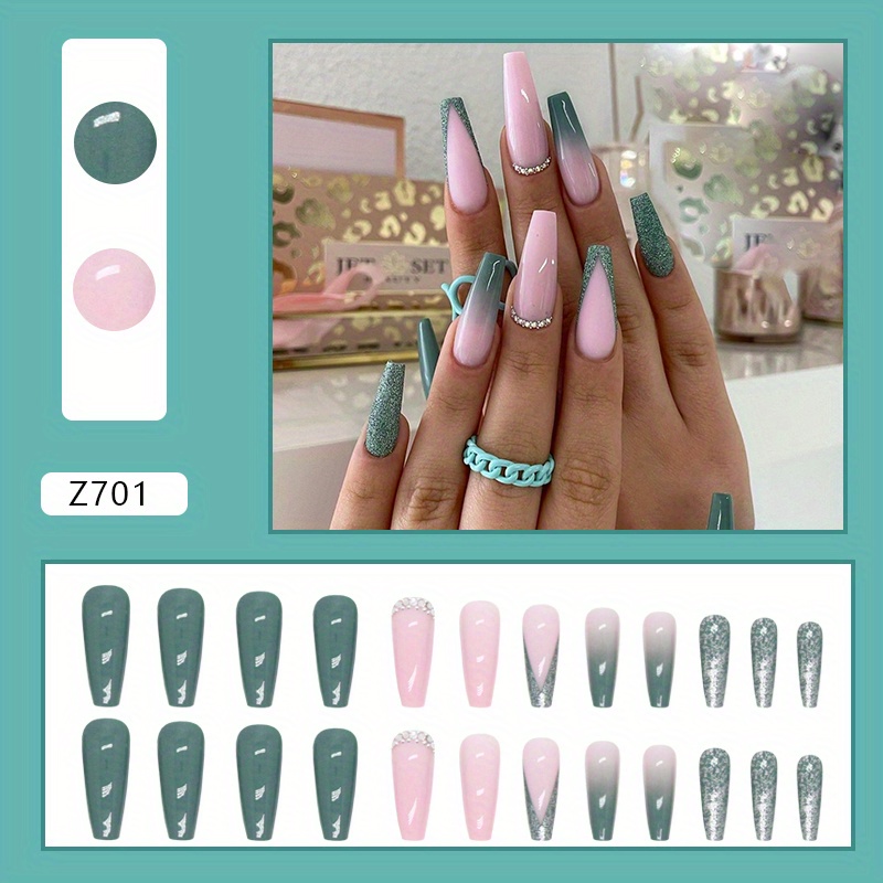 Glitter French Tip Nails Mint Green Ombre Press Nails - Temu